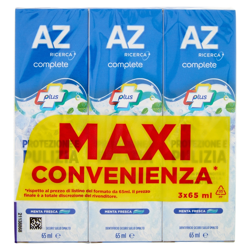 AZ Ricerca Dentifricio Complete Plus Protezione e Pulizia Menta Fresca 3 x 65 ml